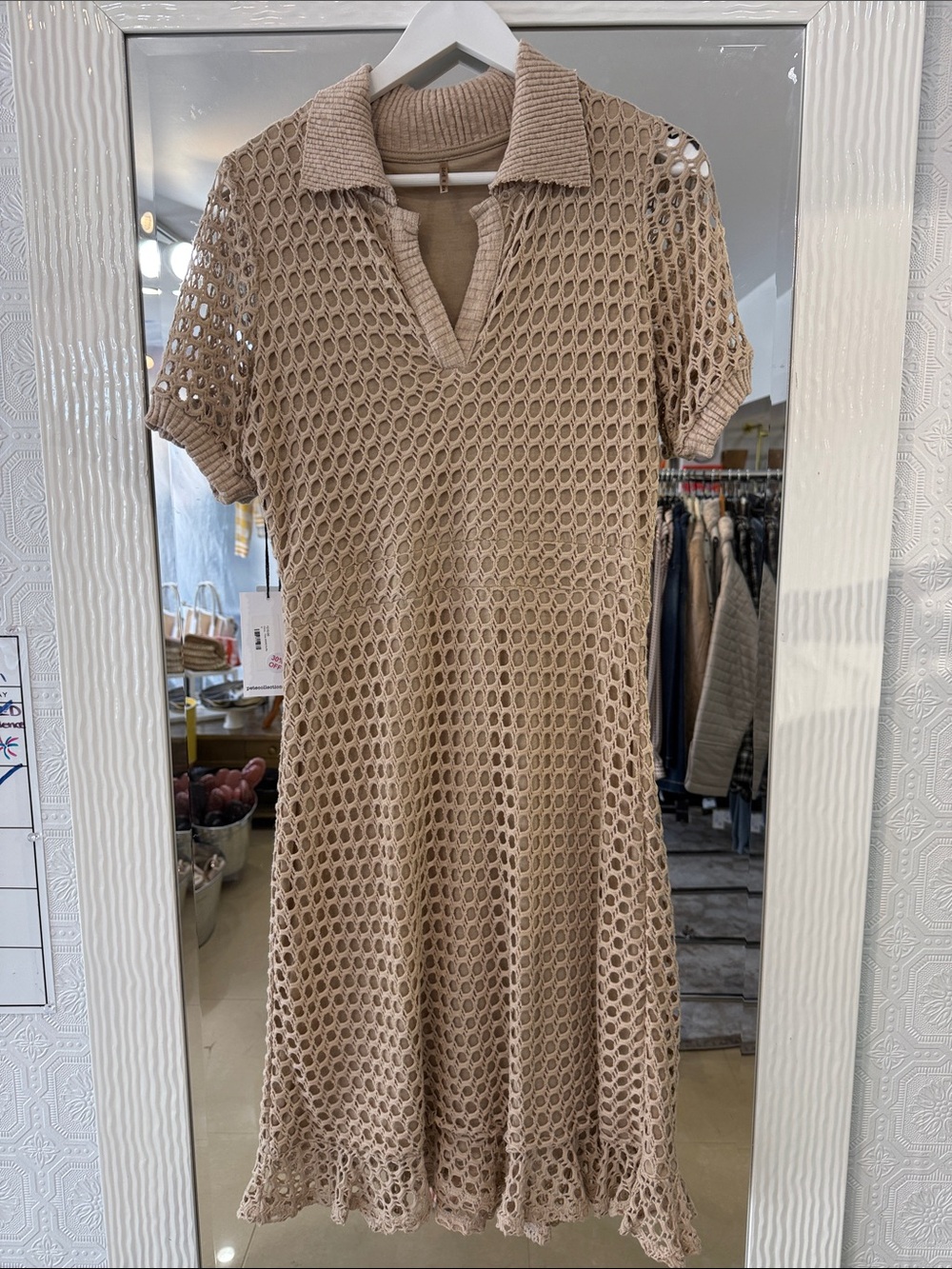 PETE Knit Openwork Polo Dress in Beige